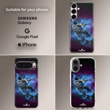 A tactical gaming character emerges from a burst of vibrant blue and purple energy on a matte phone case. — Collage