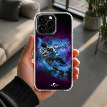 A tactical gaming character emerges from a burst of vibrant blue and purple energy on a matte phone case. — Lifestyle