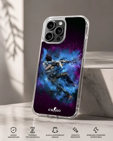 A tactical gaming character emerges from a burst of vibrant blue and purple energy on a matte phone case. — Specs