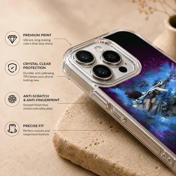 A tactical gaming character emerges from a burst of vibrant blue and purple energy on a matte phone case. — Info