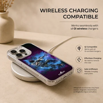 A tactical gaming character emerges from a burst of vibrant blue and purple energy on a matte phone case. — Charging