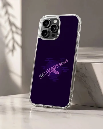 Dark purple tactical rifle gaming graphic on a phone case