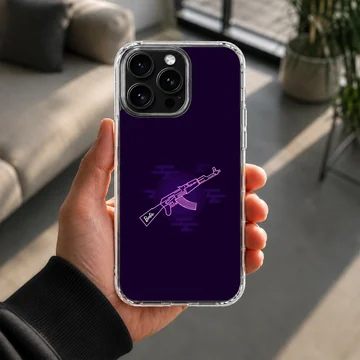Dark purple tactical rifle gaming graphic on a phone case — Lifestyle