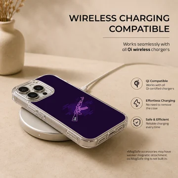 Dark purple tactical rifle gaming graphic on a phone case — Charging