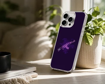 Dark purple tactical rifle gaming graphic on a phone case — Lifestyle
