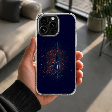Digital illustration of a tactical rifle amid glowing red embers on a dark phone case — Lifestyle