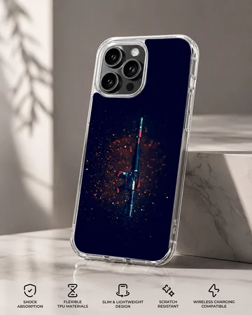Digital illustration of a tactical rifle amid glowing red embers on a dark phone case — Specs