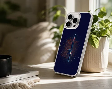 Digital illustration of a tactical rifle amid glowing red embers on a dark phone case — Lifestyle