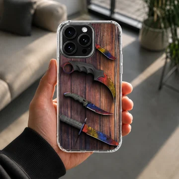 Counter-Strike tactical knife art printed on a slim matte TPU snap case — Lifestyle
