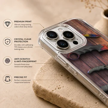 Counter-Strike tactical knife art printed on a slim matte TPU snap case — Info