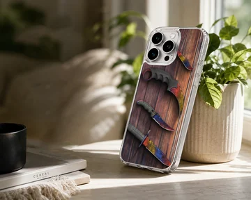 Counter-Strike tactical knife art printed on a slim matte TPU snap case — Lifestyle