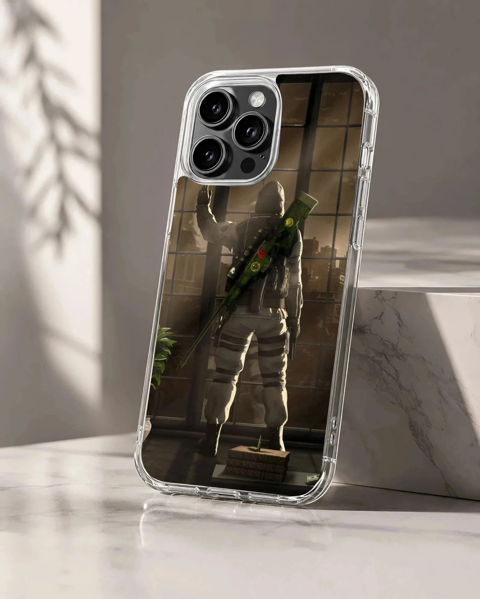 Counter-Strike tactical sniper character standing by a window printed on a phone case