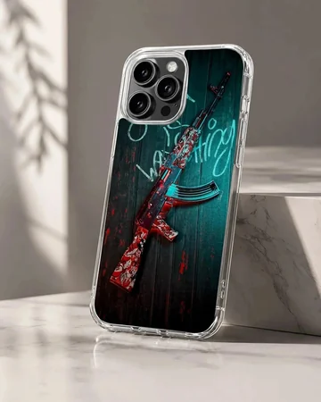 Tactical gaming rifle illustration with red and blue graffiti accents on a phone case