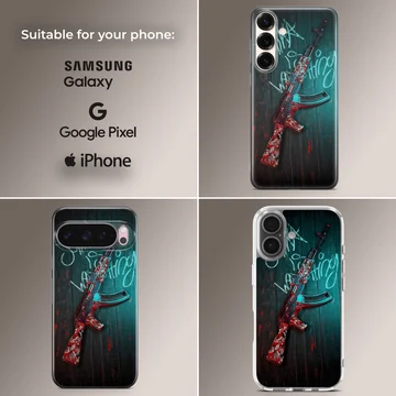 Tactical gaming rifle illustration with red and blue graffiti accents on a phone case — Collage