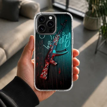 Tactical gaming rifle illustration with red and blue graffiti accents on a phone case — Lifestyle