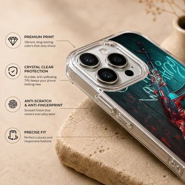 Tactical gaming rifle illustration with red and blue graffiti accents on a phone case — Info