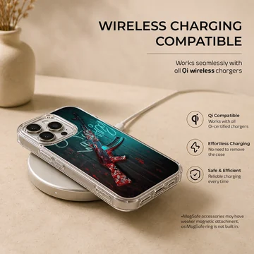 Tactical gaming rifle illustration with red and blue graffiti accents on a phone case — Charging