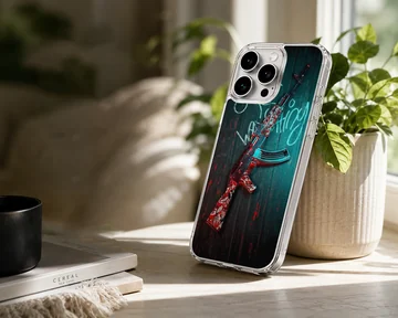 Tactical gaming rifle illustration with red and blue graffiti accents on a phone case — Lifestyle