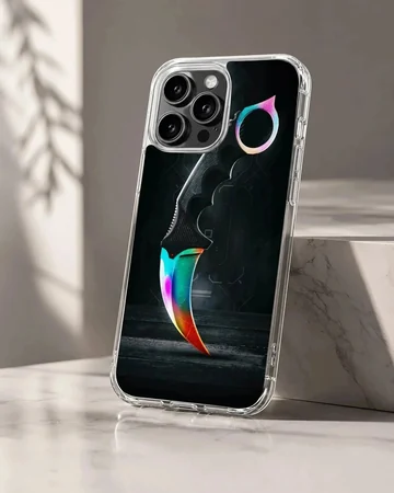 Digital illustration of a rainbow gradient karambit gaming knife on a dark background phone case