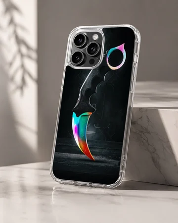 Digital illustration of a rainbow gradient karambit gaming knife on a dark background phone case — Hero