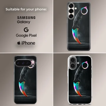 Digital illustration of a rainbow gradient karambit gaming knife on a dark background phone case — Collage