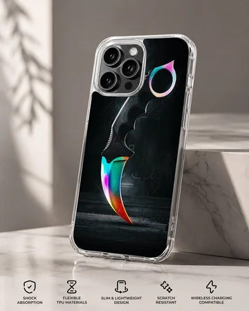 Digital illustration of a rainbow gradient karambit gaming knife on a dark background phone case — Specs