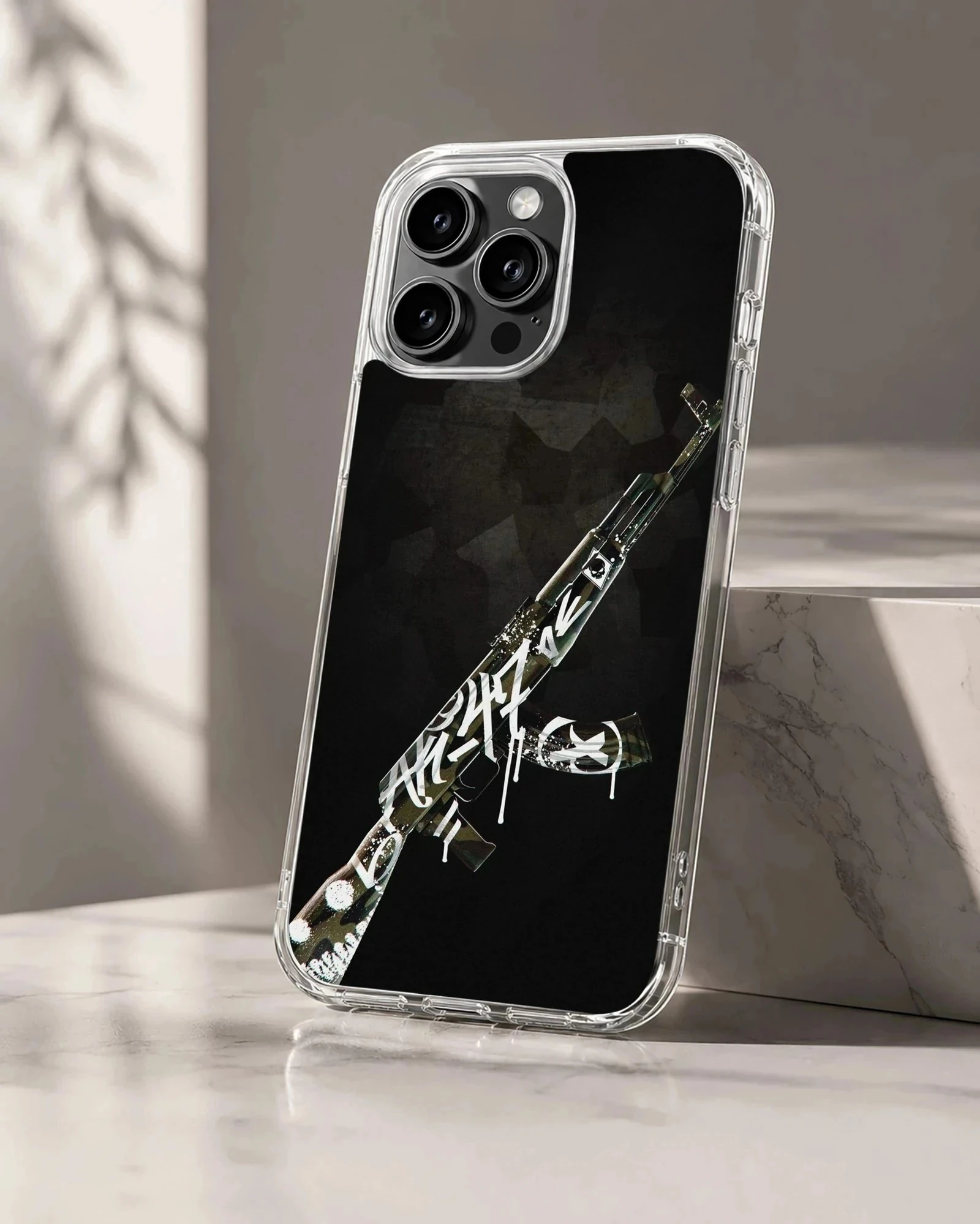 Counter-Strike tactical rifle illustration with graffiti accents on a matte phone case
