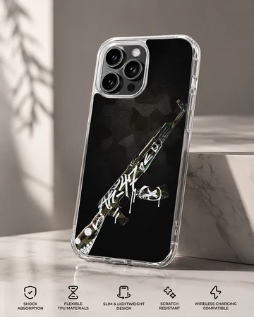 Counter-Strike tactical rifle illustration with graffiti accents on a matte phone case — Specs