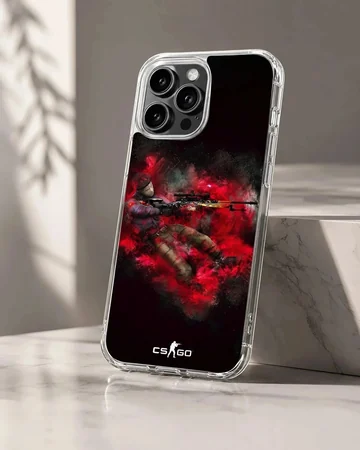 Counter-Strike sniper character surrounded by vibrant red smoke and dust effects on a phone case