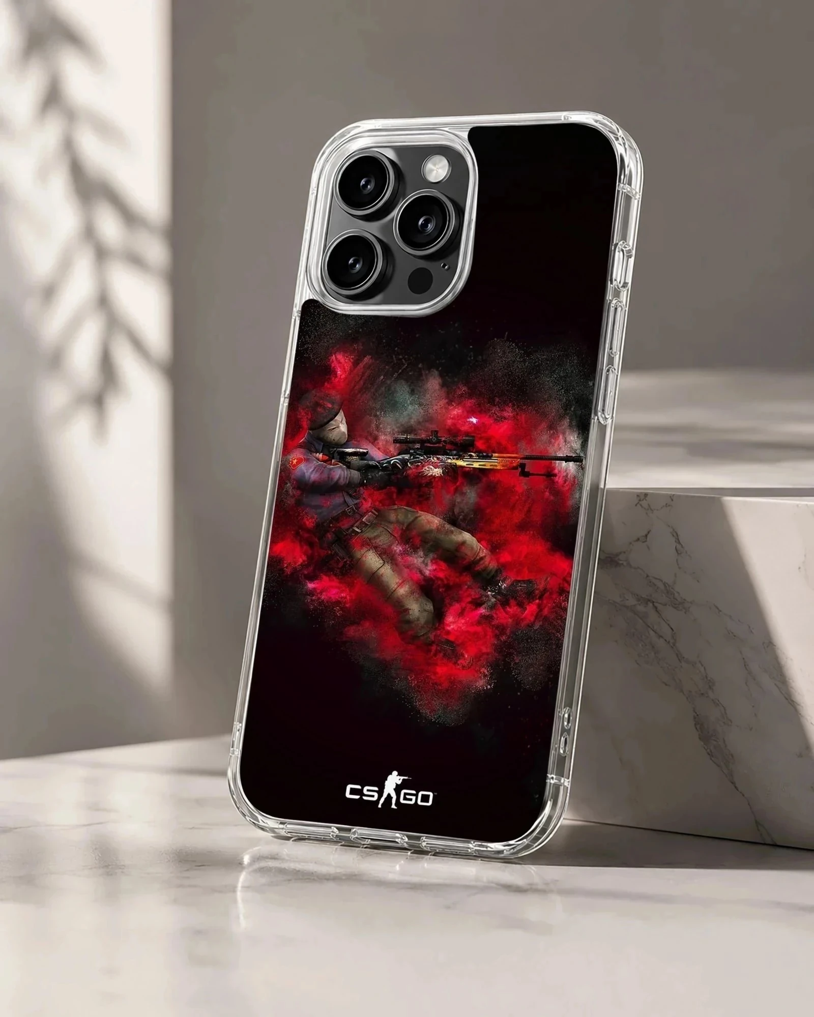 Counter-Strike sniper character surrounded by vibrant red smoke and dust effects on a phone case