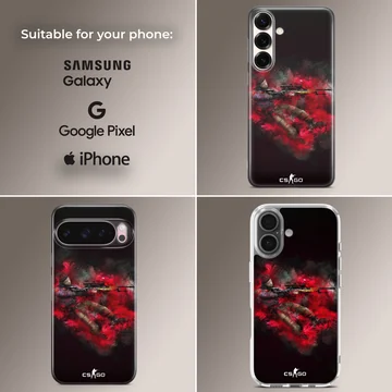 Counter-Strike sniper character surrounded by vibrant red smoke and dust effects on a phone case — Collage