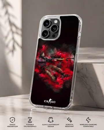 Counter-Strike sniper character surrounded by vibrant red smoke and dust effects on a phone case — Specs