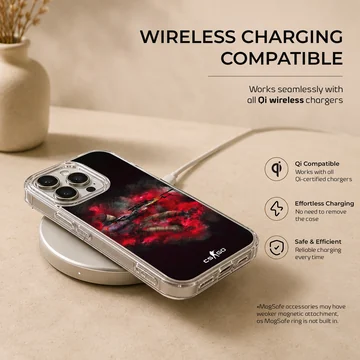 Counter-Strike sniper character surrounded by vibrant red smoke and dust effects on a phone case — Charging
