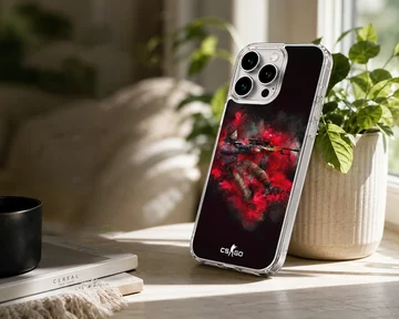 Counter-Strike sniper character surrounded by vibrant red smoke and dust effects on a phone case — Lifestyle