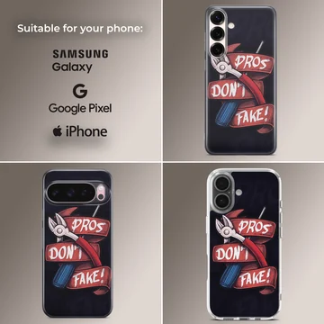 Digital illustration of tactical wirecutters and red ribbon with text pros don't fake on a phone case — Collage