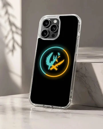 Counter-Strike tactical emblem phone case with glowing blue and orange ring on a black background