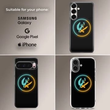 Counter-Strike tactical emblem phone case with glowing blue and orange ring on a black background — Collage