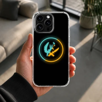Counter-Strike tactical emblem phone case with glowing blue and orange ring on a black background — Lifestyle