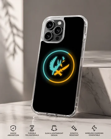 Counter-Strike tactical emblem phone case with glowing blue and orange ring on a black background — Specs