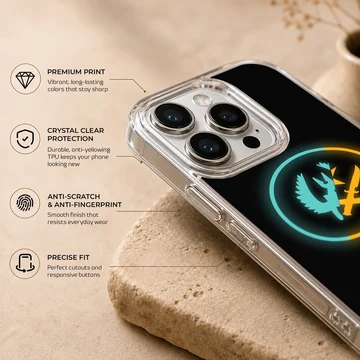 Counter-Strike tactical emblem phone case with glowing blue and orange ring on a black background — Info