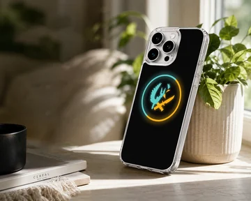 Counter-Strike tactical emblem phone case with glowing blue and orange ring on a black background — Lifestyle