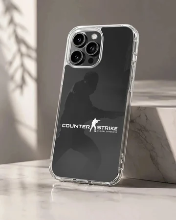Tactical shooter artwork with bold typography on a matte phone case