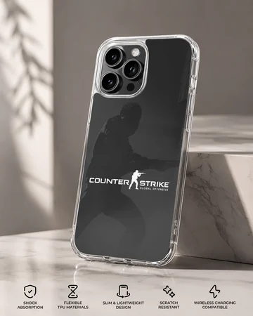 Tactical shooter artwork with bold typography on a matte phone case — Specs