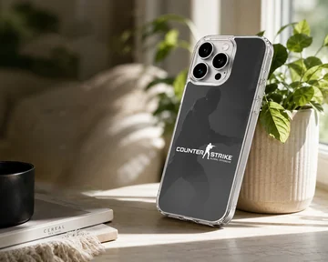 Tactical shooter artwork with bold typography on a matte phone case — Lifestyle