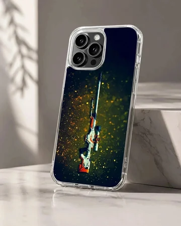 A tactical sniper rifle floating vertically against a dark background with floating golden sparks printed on a phone case.