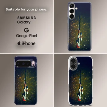 A tactical sniper rifle floating vertically against a dark background with floating golden sparks printed on a phone case. — Collage