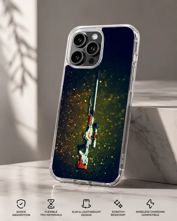 A tactical sniper rifle floating vertically against a dark background with floating golden sparks printed on a phone case. — Specs