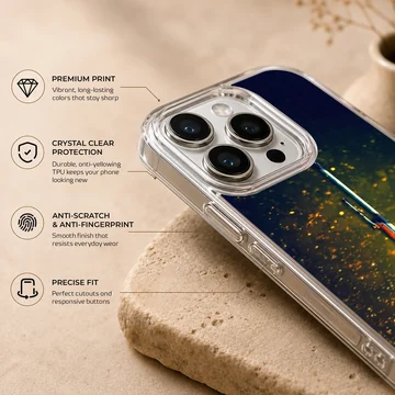 A tactical sniper rifle floating vertically against a dark background with floating golden sparks printed on a phone case. — Info