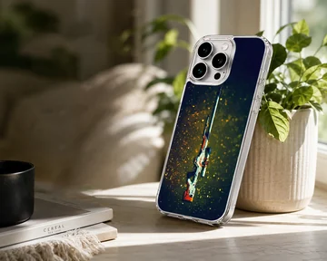 A tactical sniper rifle floating vertically against a dark background with floating golden sparks printed on a phone case. — Lifestyle