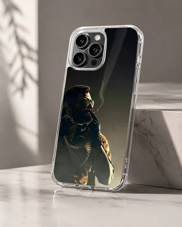Gritty digital illustration of a tactical soldier smoking a cigarette on a dark, moody phone case — Hero